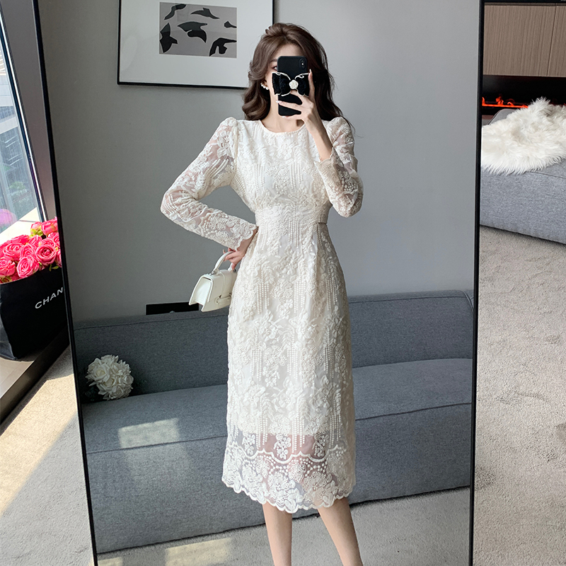 2026 Elegant Lace Midi Dress French Style Long Sleeve Women's