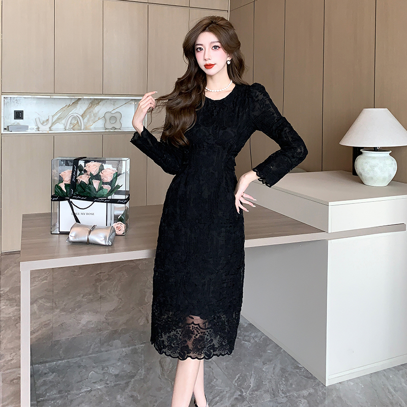 2026 Elegant Lace Midi Dress French Style Long Sleeve Women's