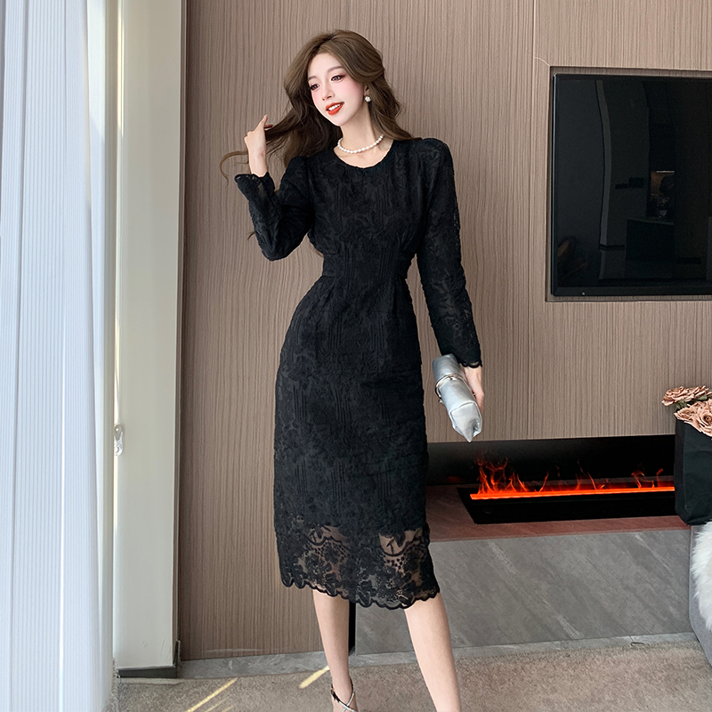 2026 Elegant Lace Midi Dress French Style Long Sleeve Women's