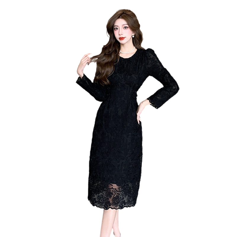 2026 Elegant Lace Midi Dress French Style Long Sleeve Women's