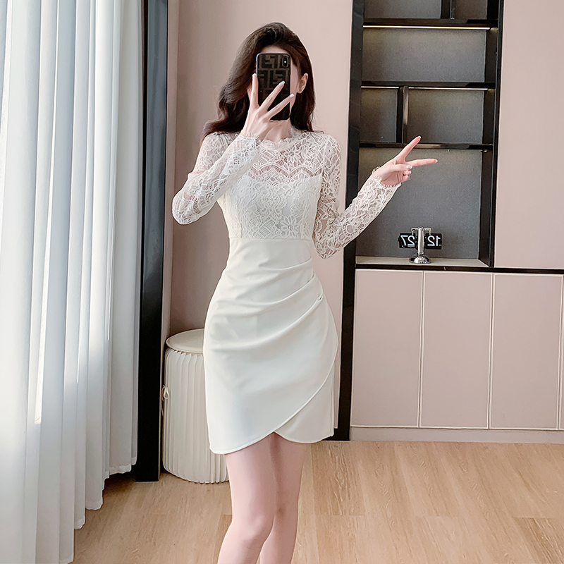 Pure Desire Sexy Half High Neck Dress 2026 Lace Spliced Waist Cinched Bodycon Short Skirt