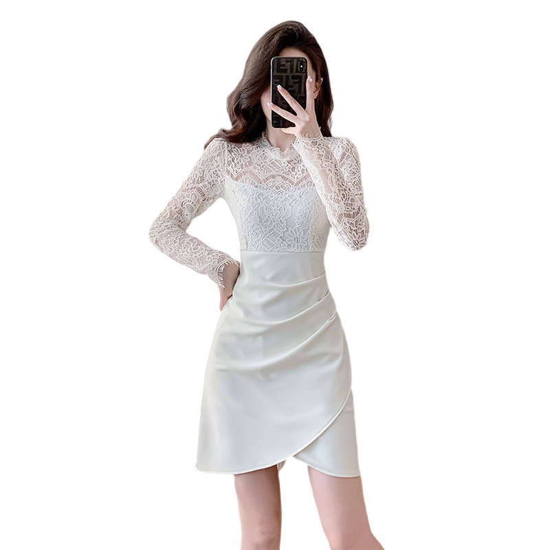 Pure Desire Sexy Half High Neck Dress 2026 Lace Spliced Waist Cinched Bodycon Short Skirt