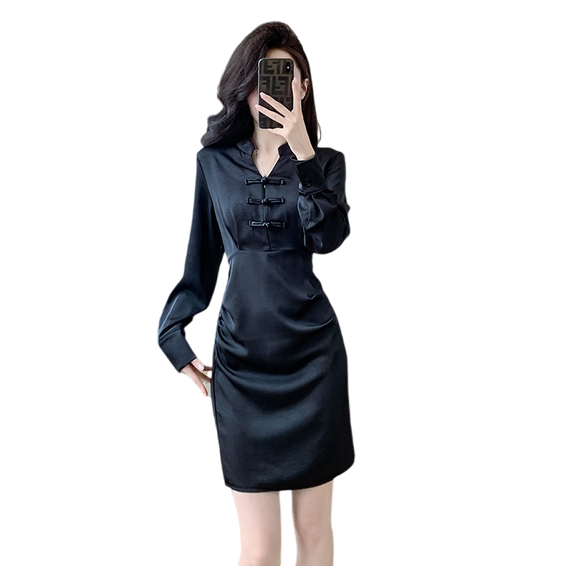 New Chinese Style Pankou V-Neck Waist-Slimming Dress