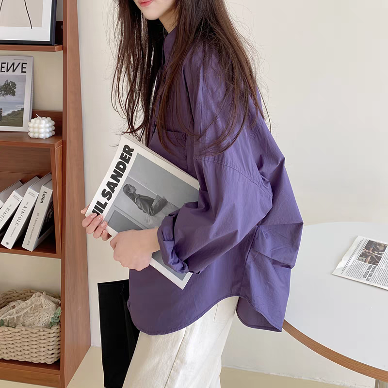 Plus Size Women's Purple Shirt Korean Style Cocoon Fit Pleated Hem Long Sleeve Top