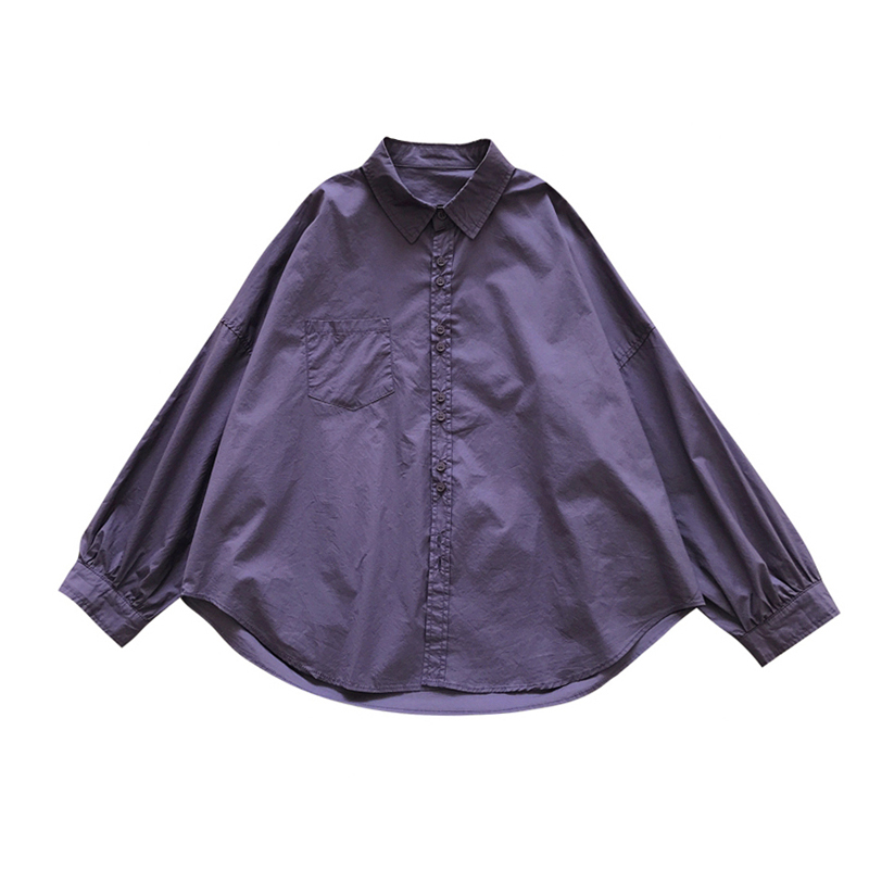 Plus Size Women's Purple Shirt Korean Style Cocoon Fit Pleated Hem Long Sleeve Top