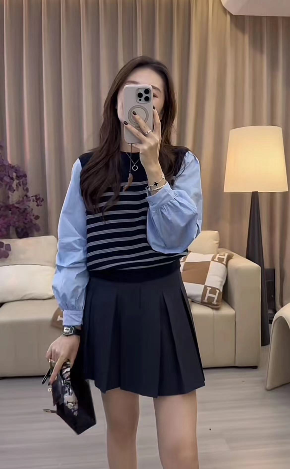 Striped Patchwork Top and Pleated Skirt Set