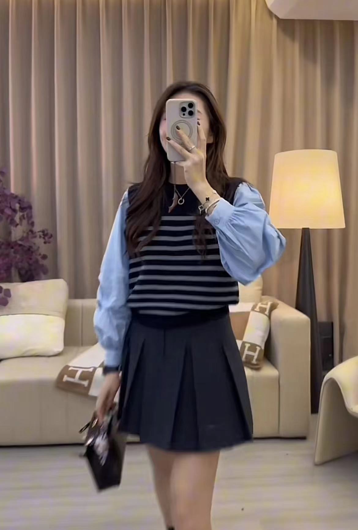 Striped Patchwork Top and Pleated Skirt Set