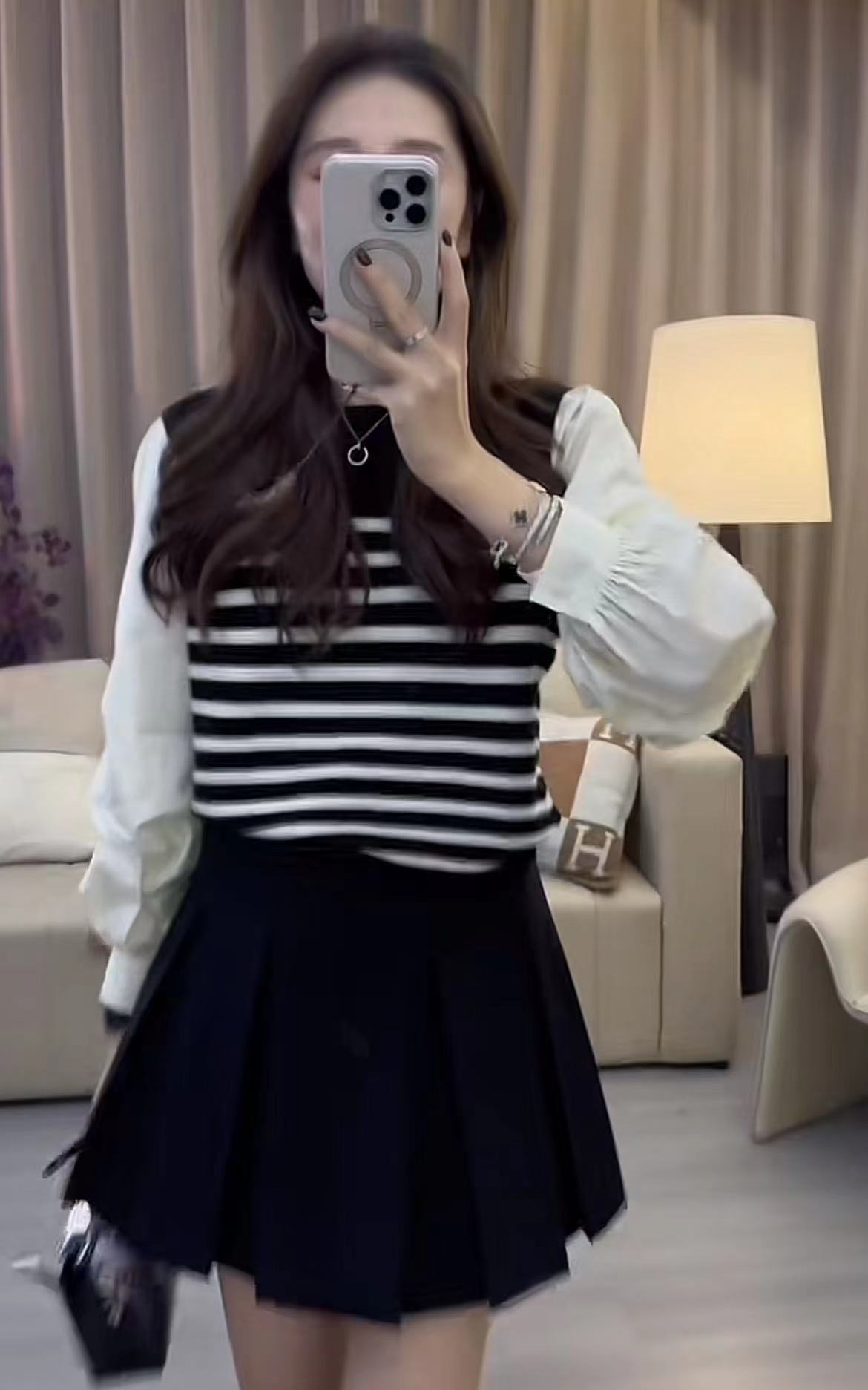 Striped Patchwork Top and Pleated Skirt Set