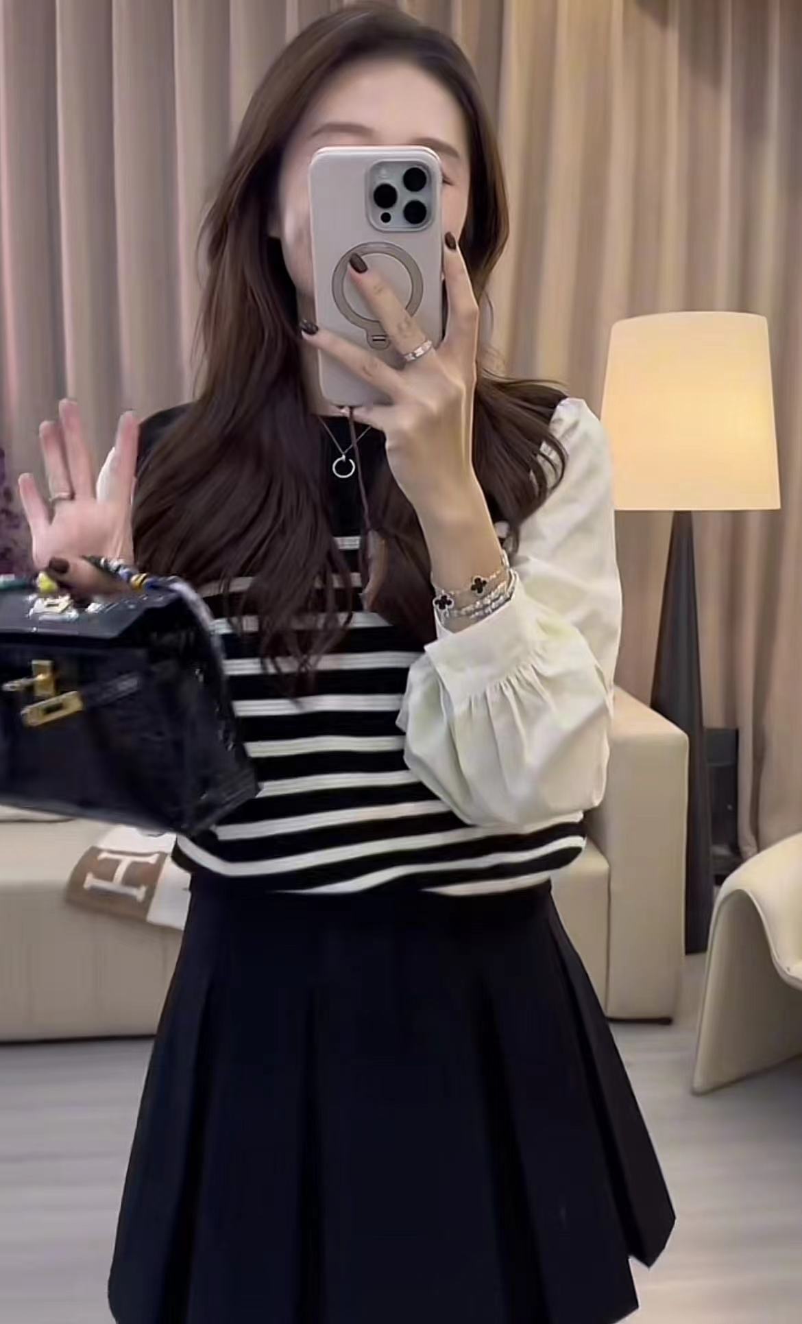 Striped Patchwork Top and Pleated Skirt Set