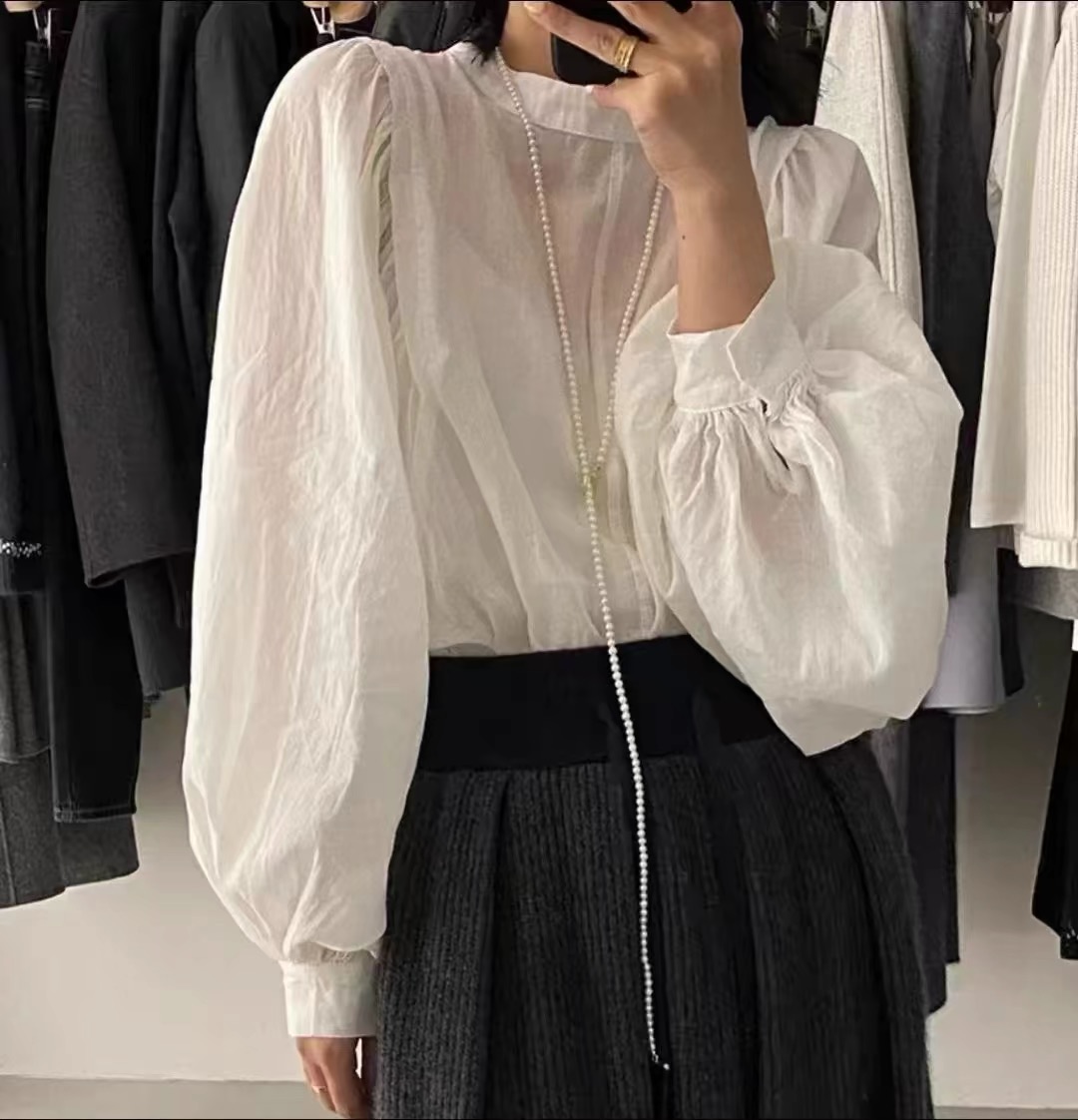 Autumn New Lantern Sleeve White Shirt Long Sleeve Top Plus Size Loose Stand Collar Puff Sleeve Blouse