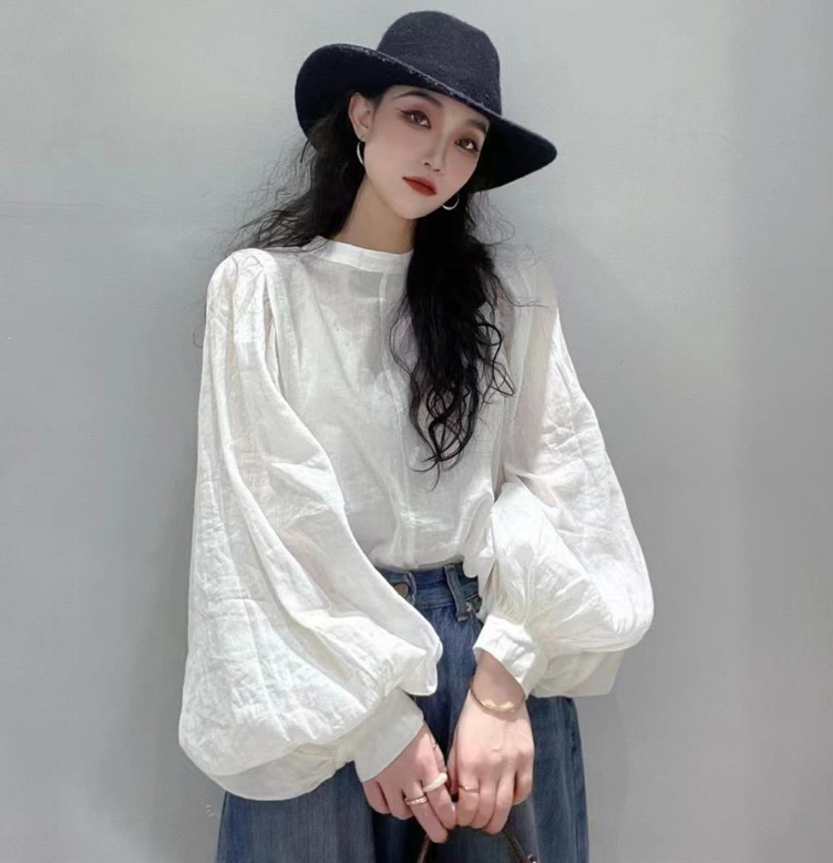 Autumn New Lantern Sleeve White Shirt Long Sleeve Top Plus Size Loose Stand Collar Puff Sleeve Blouse