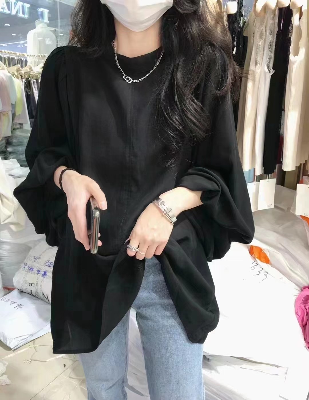 Autumn New Lantern Sleeve White Shirt Long Sleeve Top Plus Size Loose Stand Collar Puff Sleeve Blouse