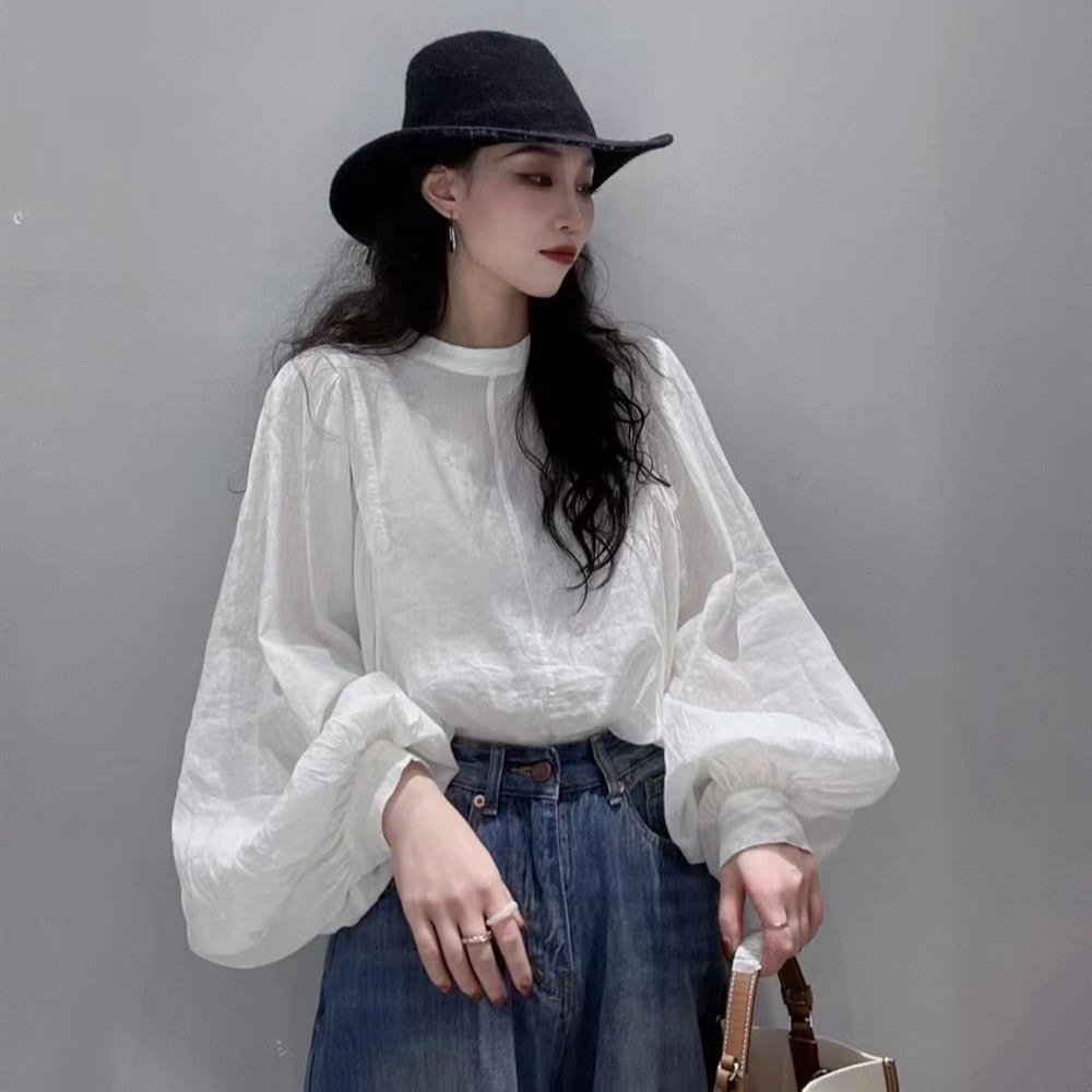 Autumn New Lantern Sleeve White Shirt Long Sleeve Top Plus Size Loose Stand Collar Puff Sleeve Blouse