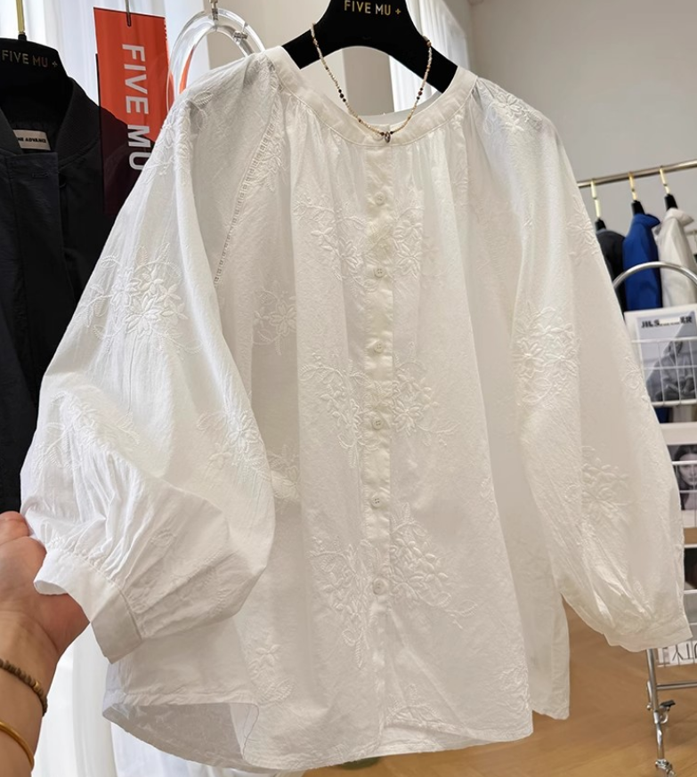 Plus Size Embroidered Round Neck Long Sleeve Shirt Autumn Korean Style Loose Top