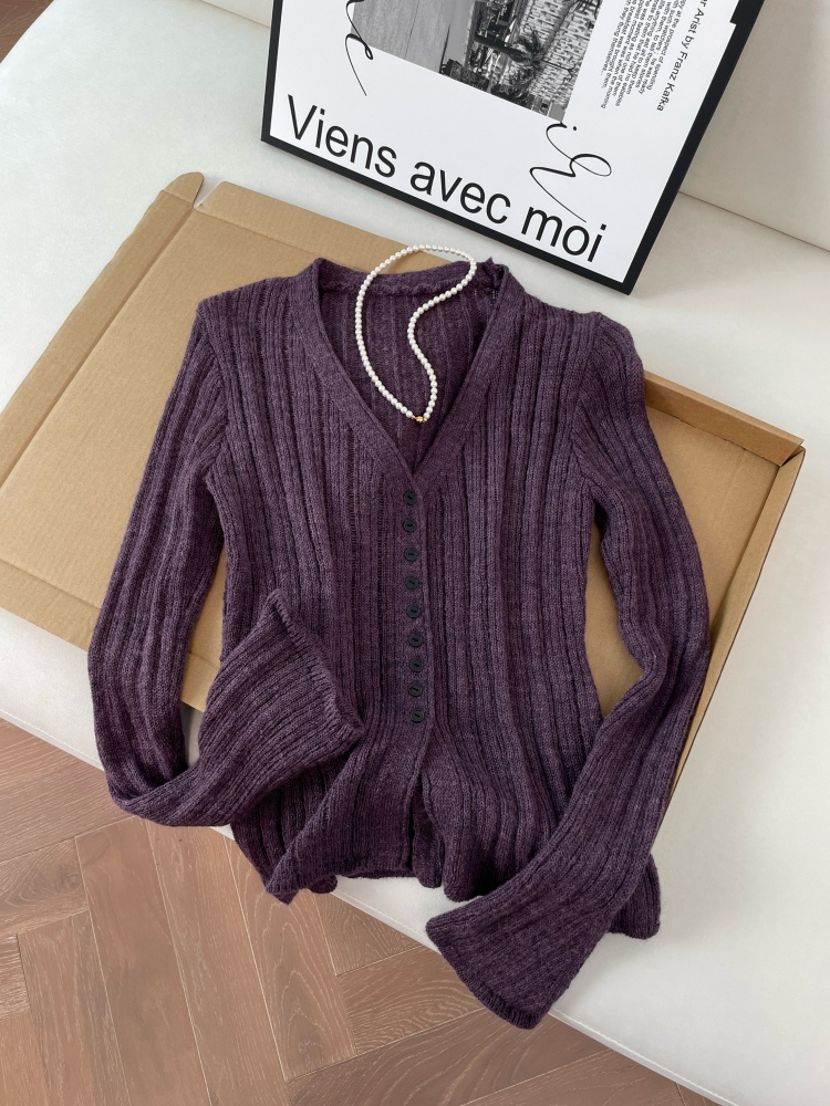 Lazy Style V-Neck Knit Top Women Spring Long Sleeve Pullover