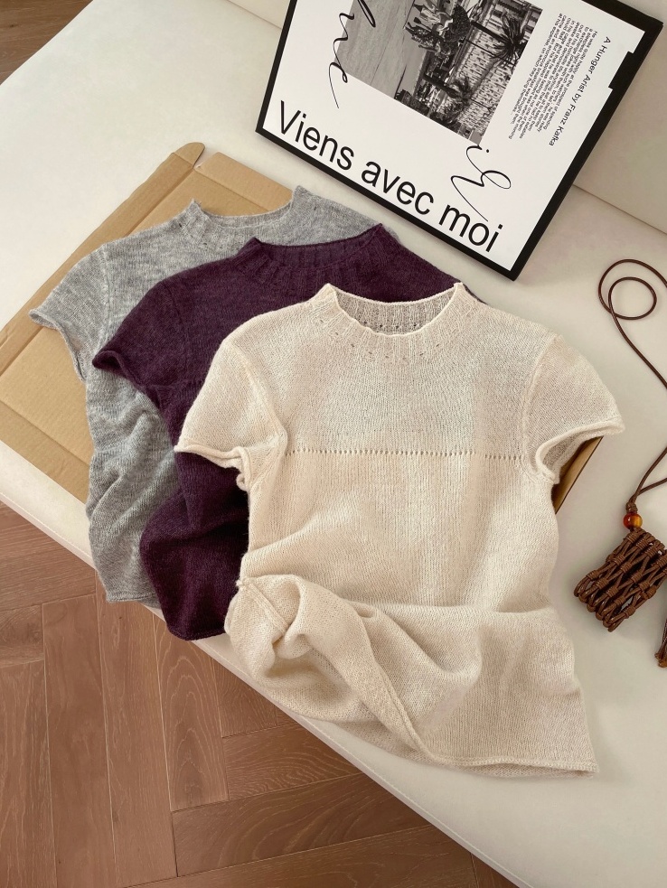 Women's Summer Knit Short Sleeve Top Solid Color Slimming Versatile Pullover