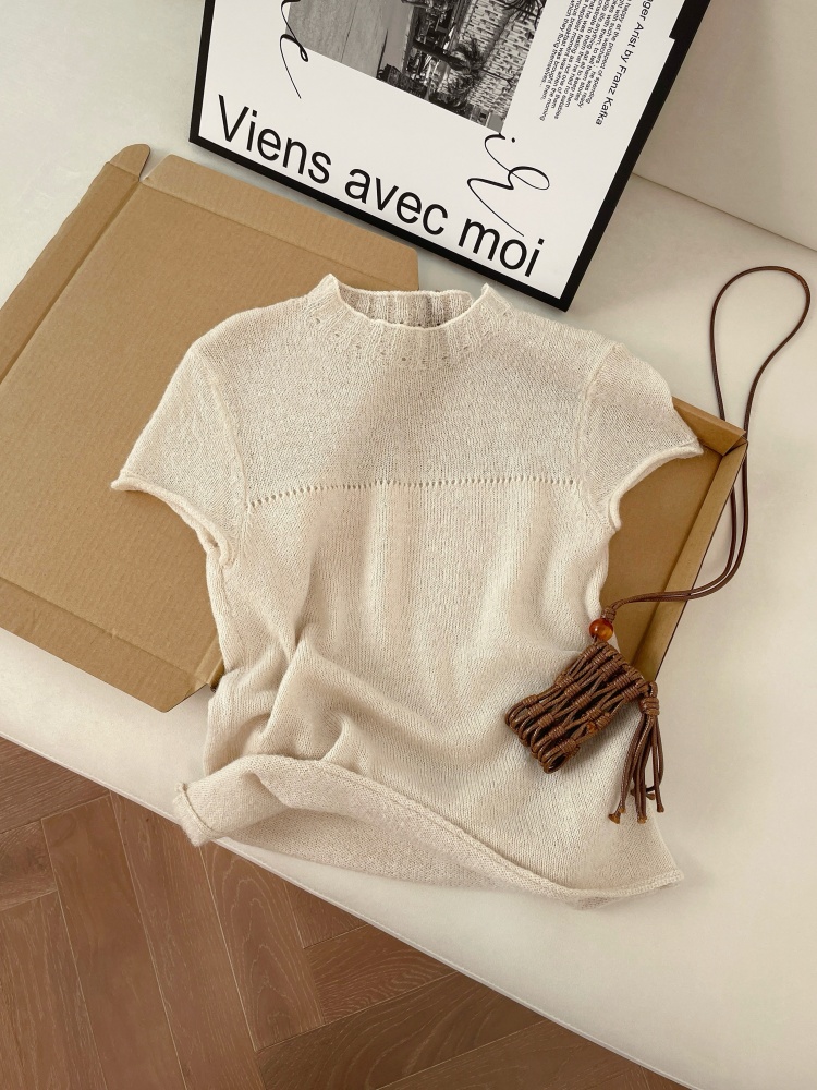 Women's Summer Knit Short Sleeve Top Solid Color Slimming Versatile Pullover