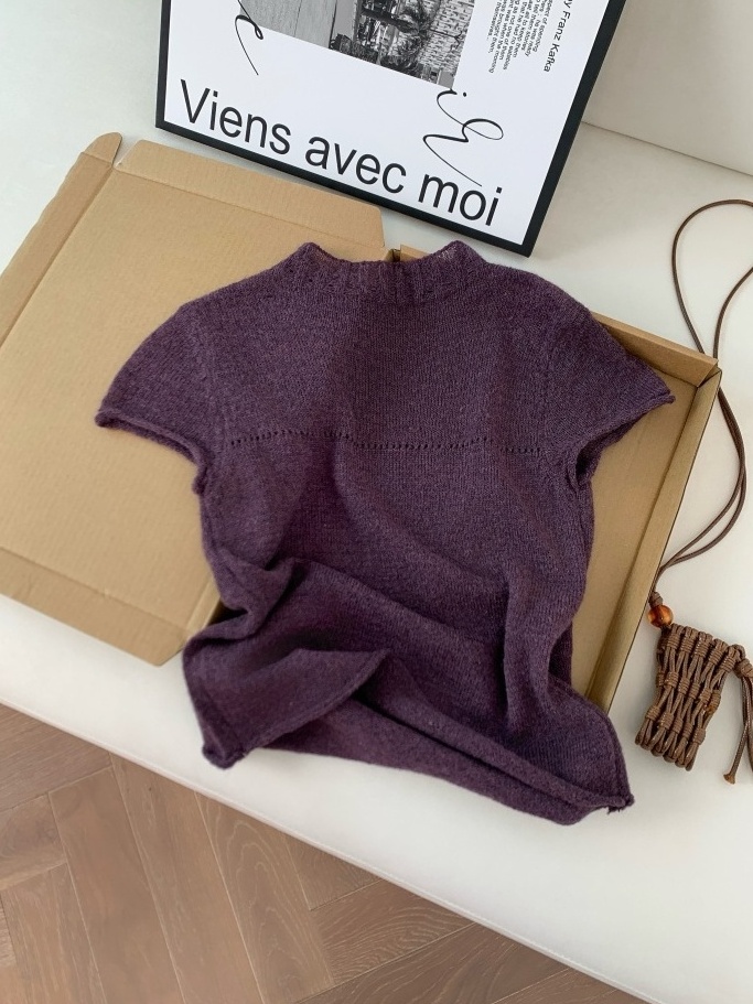 Women's Summer Knit Short Sleeve Top Solid Color Slimming Versatile Pullover