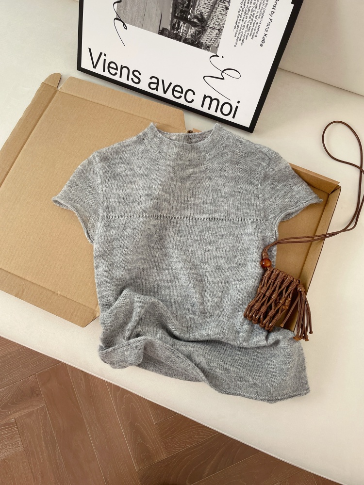 Women's Summer Knit Short Sleeve Top Solid Color Slimming Versatile Pullover