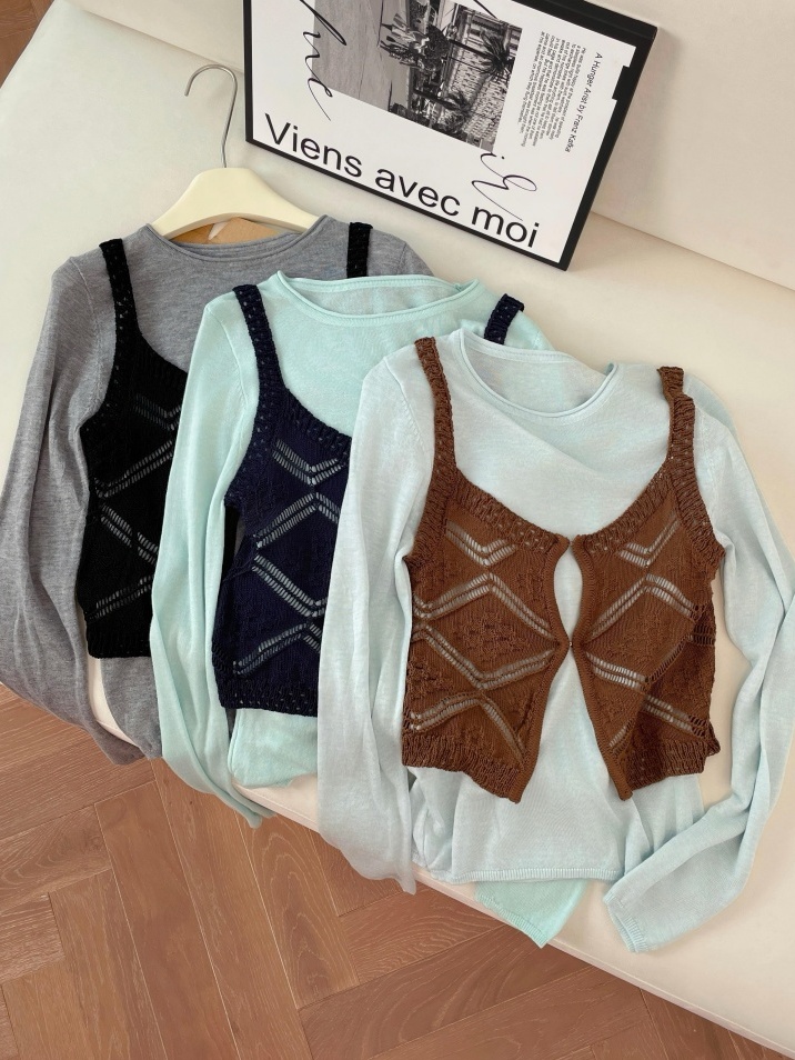 Spring Knit Two-Piece Set Women's Slimming Hollow-Out Vest and Long-Sleeve Top