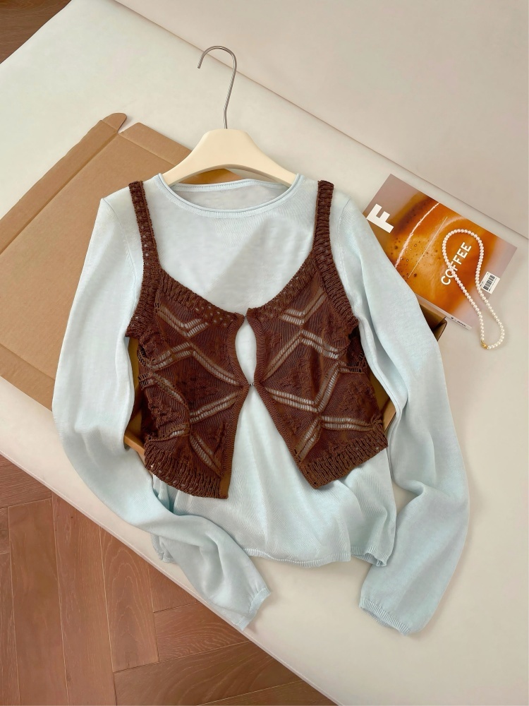 Spring Knit Two-Piece Set Women's Slimming Hollow-Out Vest and Long-Sleeve Top