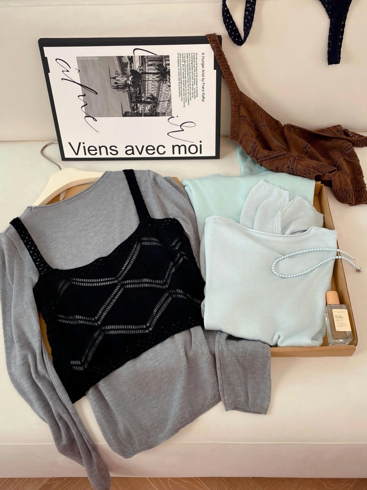 Spring Knit Two-Piece Set Women's Slimming Hollow-Out Vest and Long-Sleeve Top