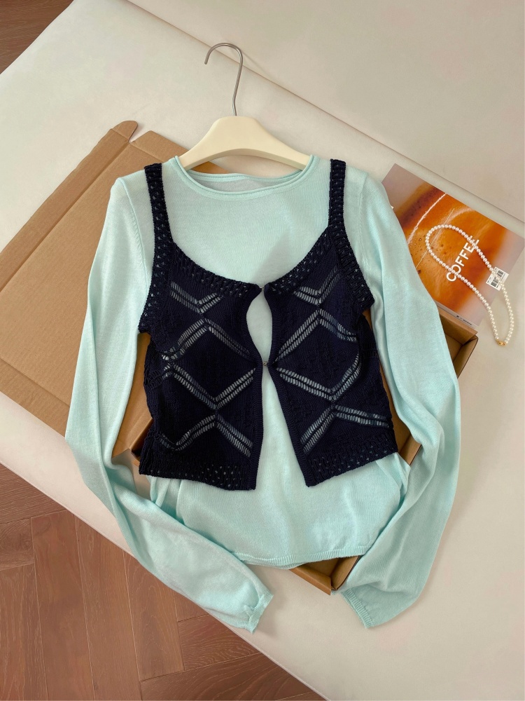Spring Knit Two-Piece Set Women's Slimming Hollow-Out Vest and Long-Sleeve Top