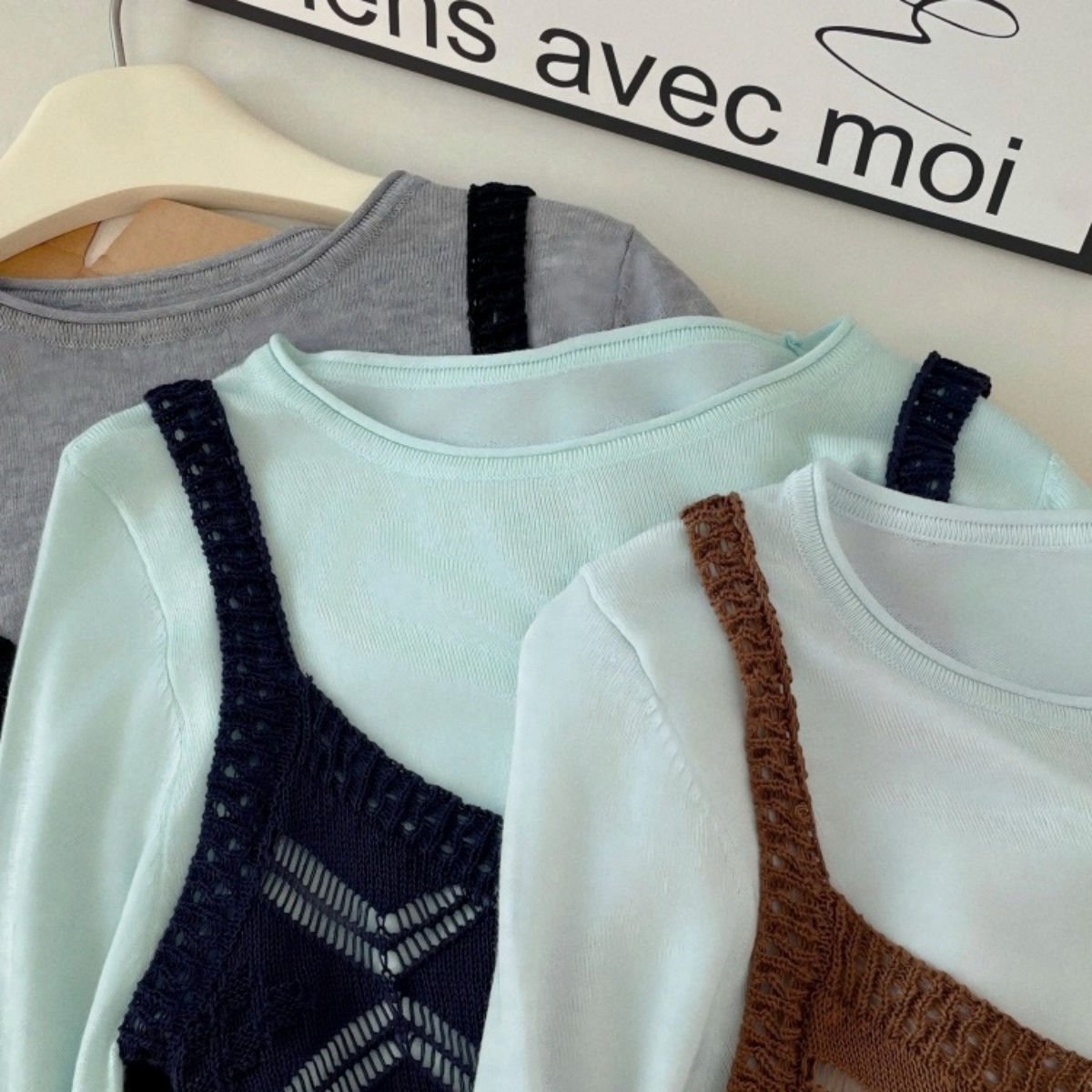 Spring Knit Two-Piece Set Women's Slimming Hollow-Out Vest and Long-Sleeve Top