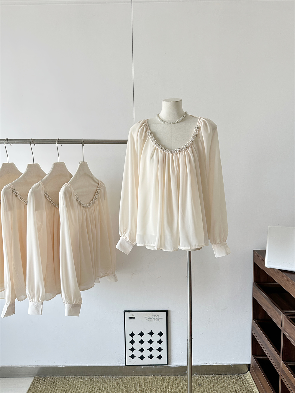 Women's Pearl Sequin Backless Chiffon Shirt with Tie