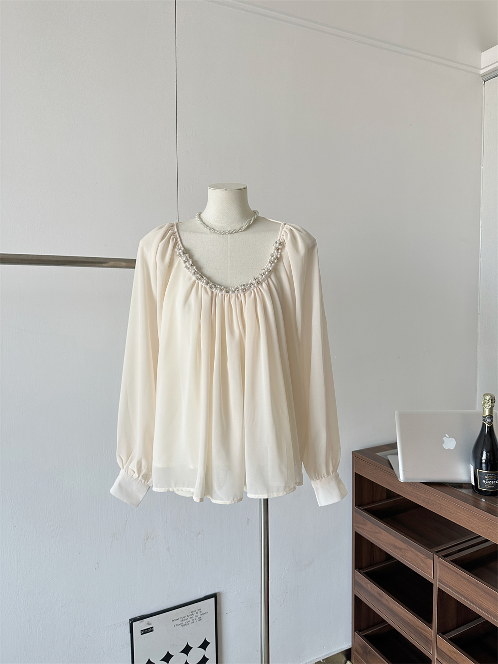 Women's Pearl Sequin Backless Chiffon Shirt with Tie