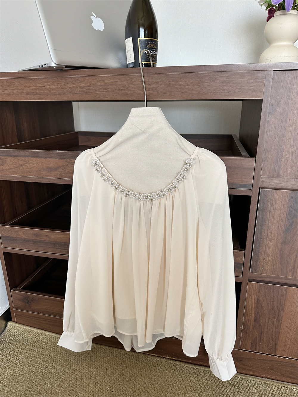 Women's Pearl Sequin Backless Chiffon Shirt with Tie