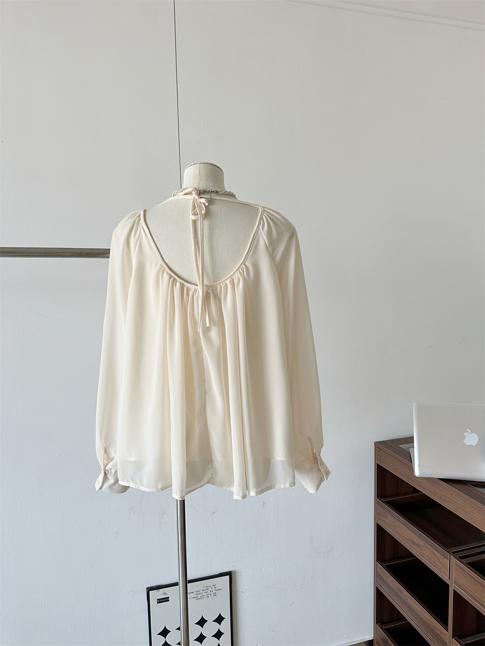 Women's Pearl Sequin Backless Chiffon Shirt with Tie