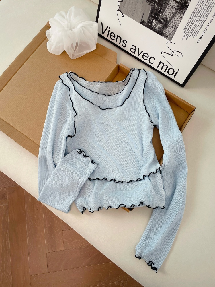 Women's Sweet Knit Two-Piece Set with Ruffle Trim Slimming Spring Summer Thin Layering Top