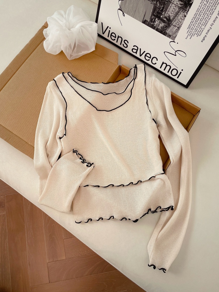 Women's Sweet Knit Two-Piece Set with Ruffle Trim Slimming Spring Summer Thin Layering Top