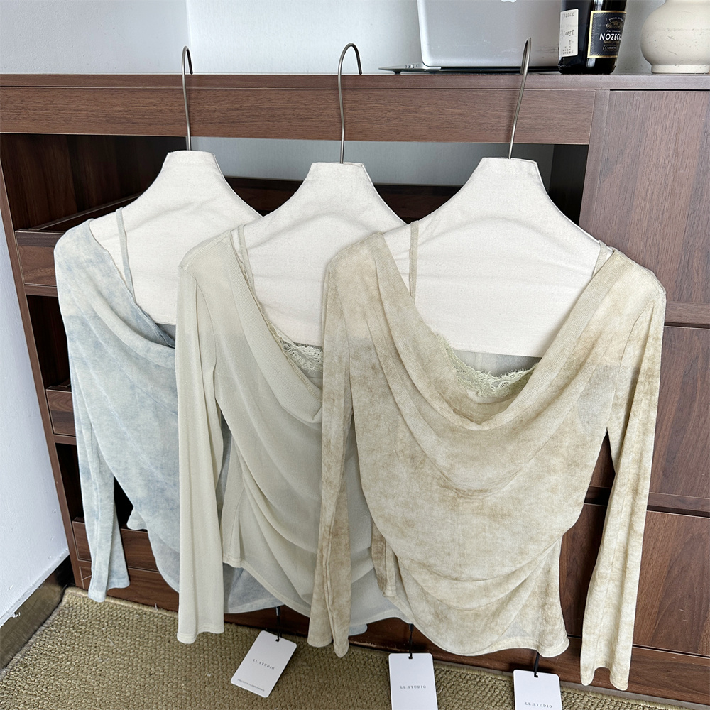Korean Tie-Dye Lace Patchwork Long Sleeve Top Women Spring Summer Sexy Sweetheart Neckline Fake Two-Piece T-Shirt