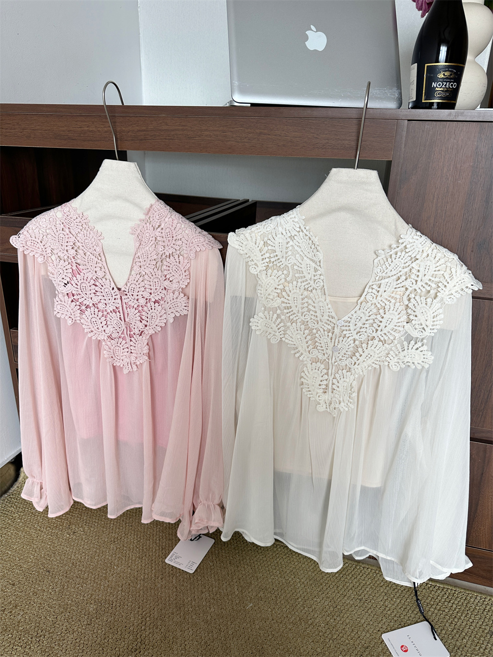 French Sweet Lace Flared Sleeve Chiffon Blouse and Cami Two Piece Set for Women 2026 Summer