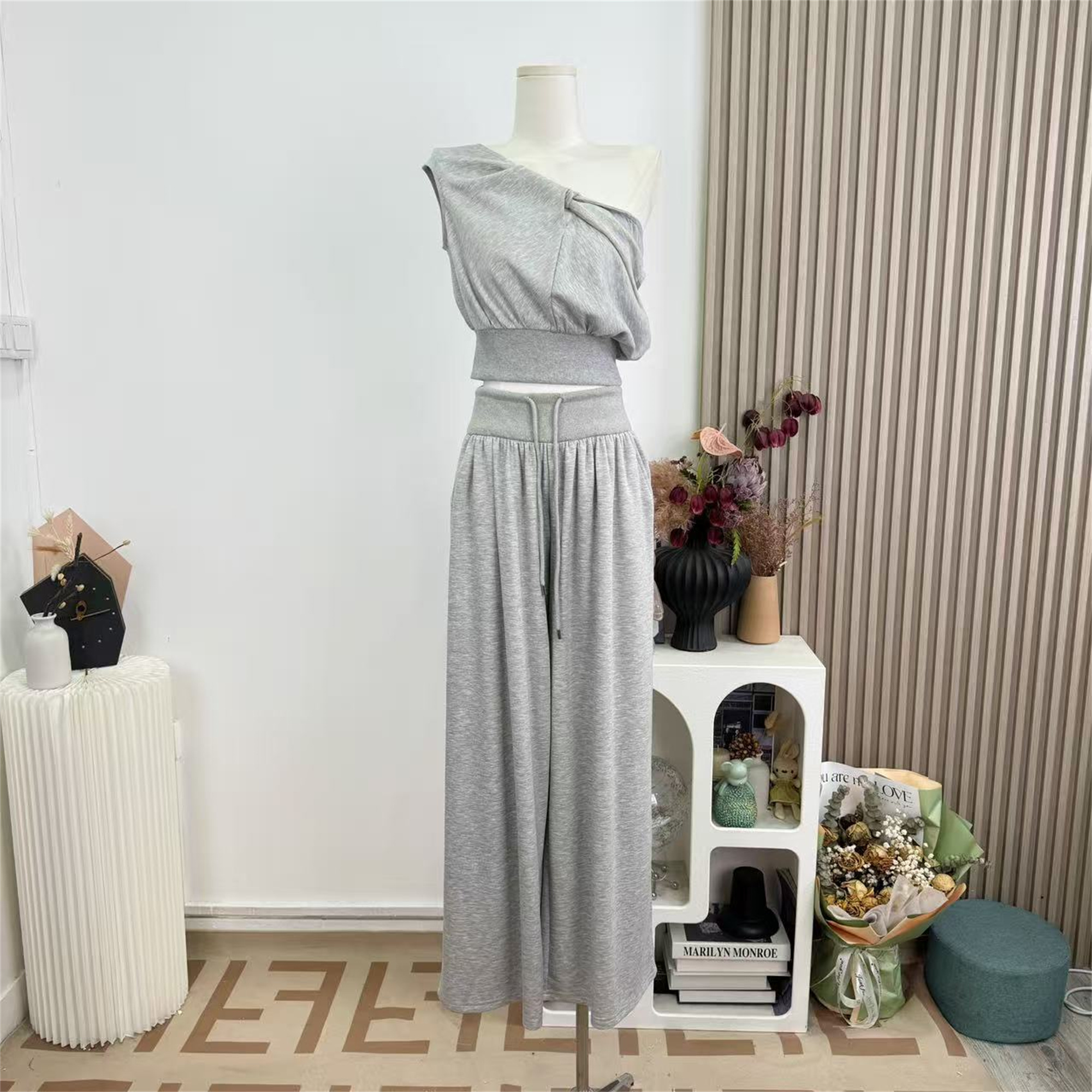 Women's High-Waist Ribbed Drawstring Wide-Leg Casual Pants Set
