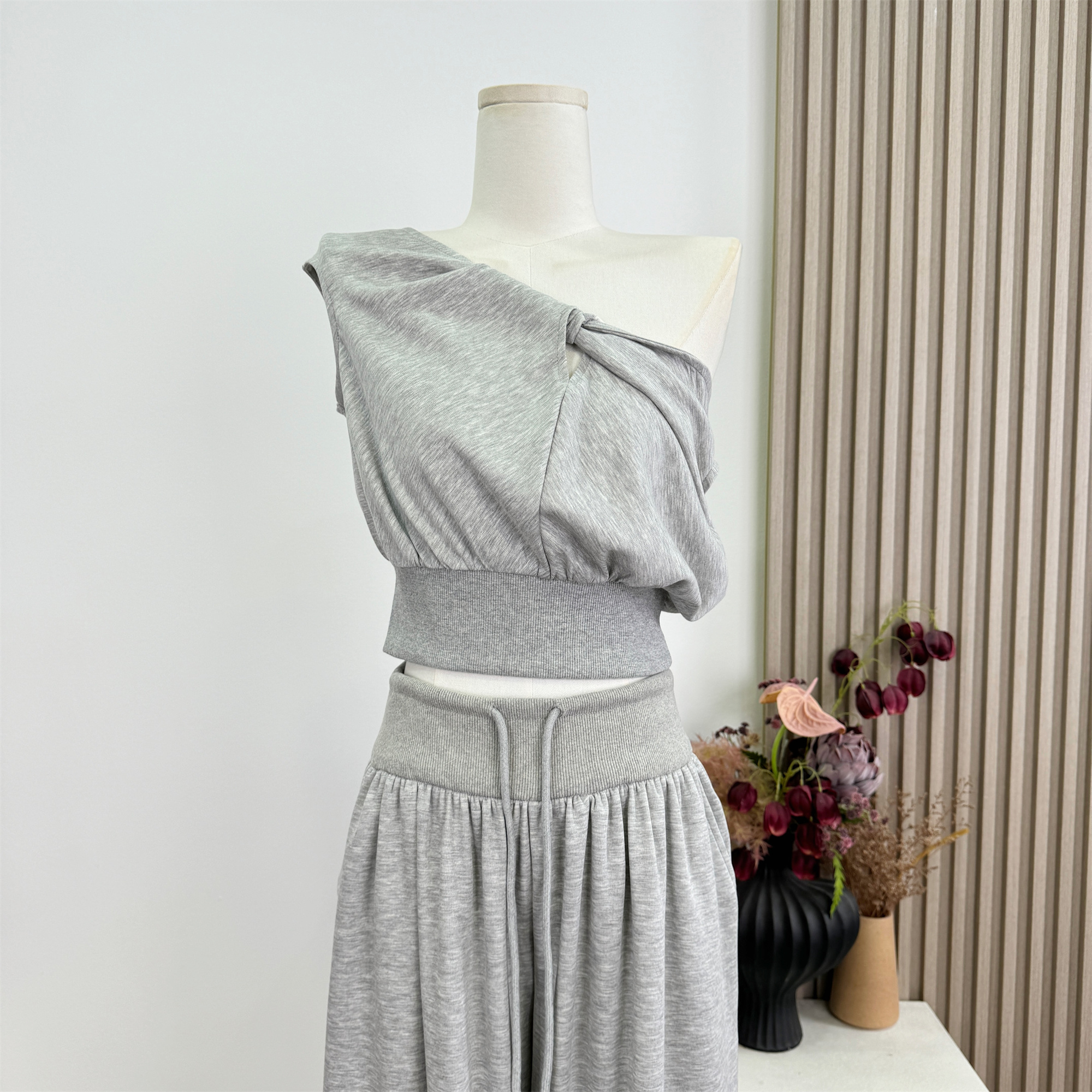 Women's High-Waist Ribbed Drawstring Wide-Leg Casual Pants Set