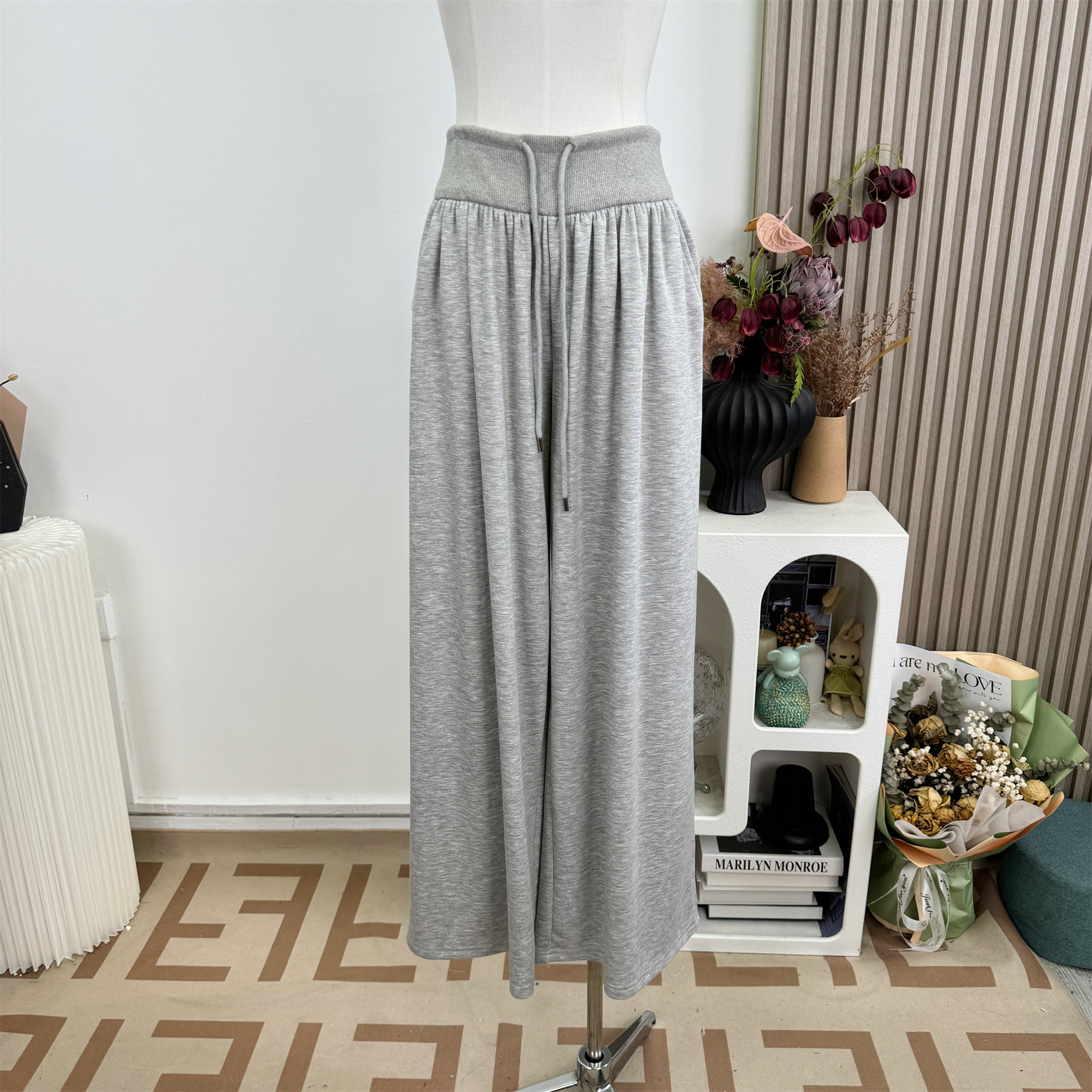 Women's High-Waist Ribbed Drawstring Wide-Leg Casual Pants Set