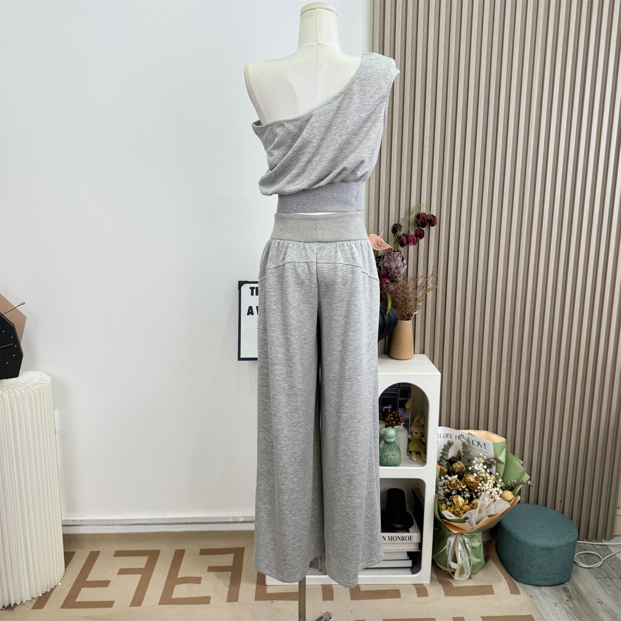 Women's High-Waist Ribbed Drawstring Wide-Leg Casual Pants Set
