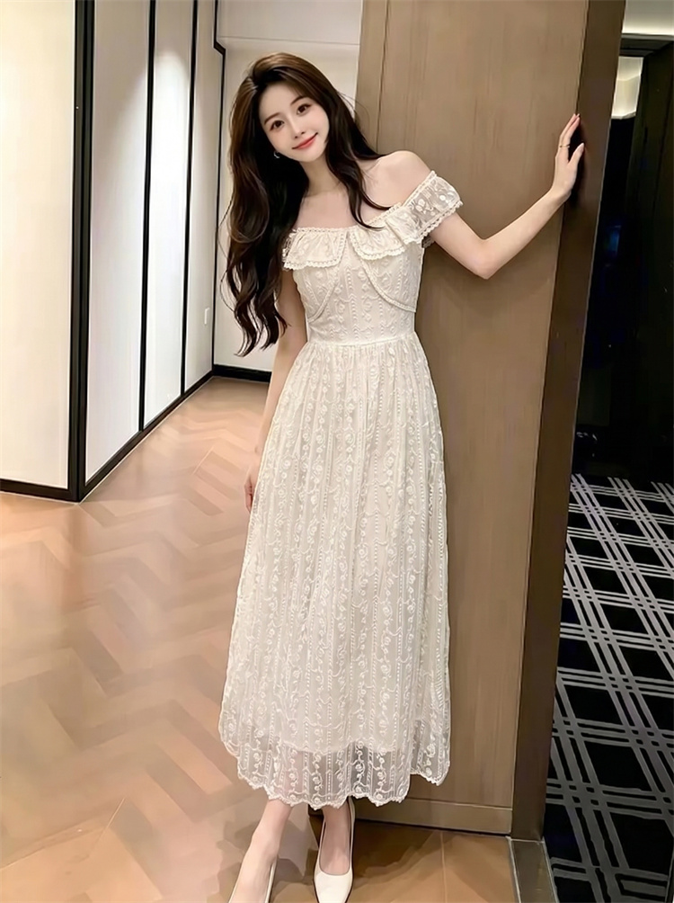 Lace Waist Cinched Long Dress 2026 Summer French Vintage Ruffle Trim Patchwork Dress 99166