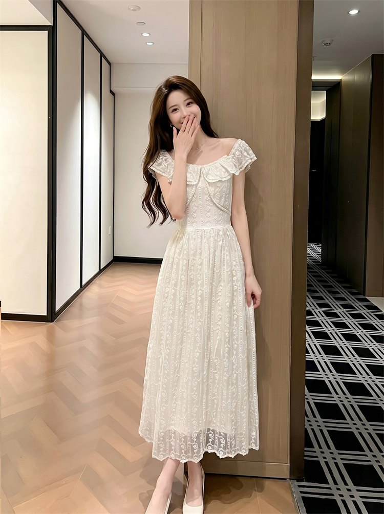 Lace Waist Cinched Long Dress 2026 Summer French Vintage Ruffle Trim Patchwork Dress 99166