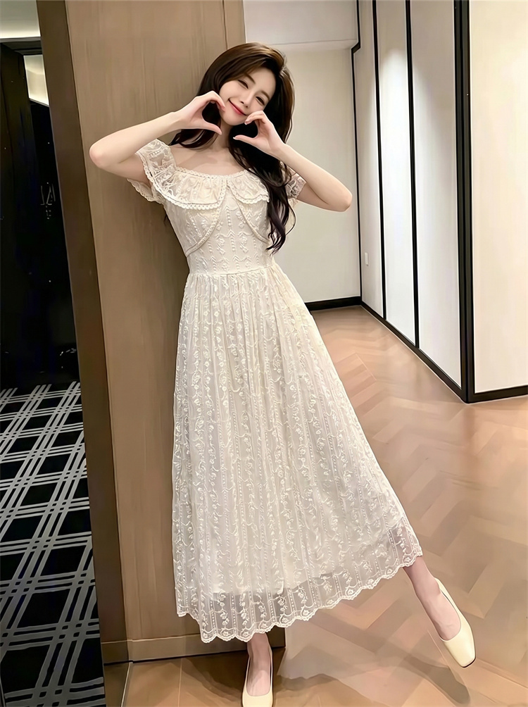 Lace Waist Cinched Long Dress 2026 Summer French Vintage Ruffle Trim Patchwork Dress 99166