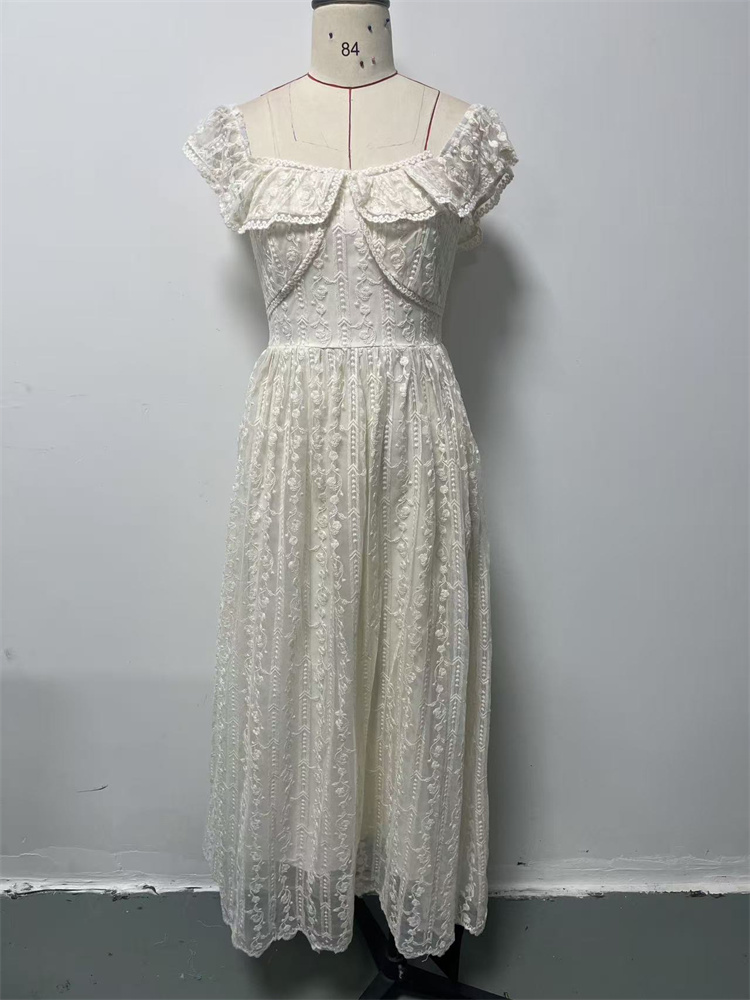 Lace Waist Cinched Long Dress 2026 Summer French Vintage Ruffle Trim Patchwork Dress 99166