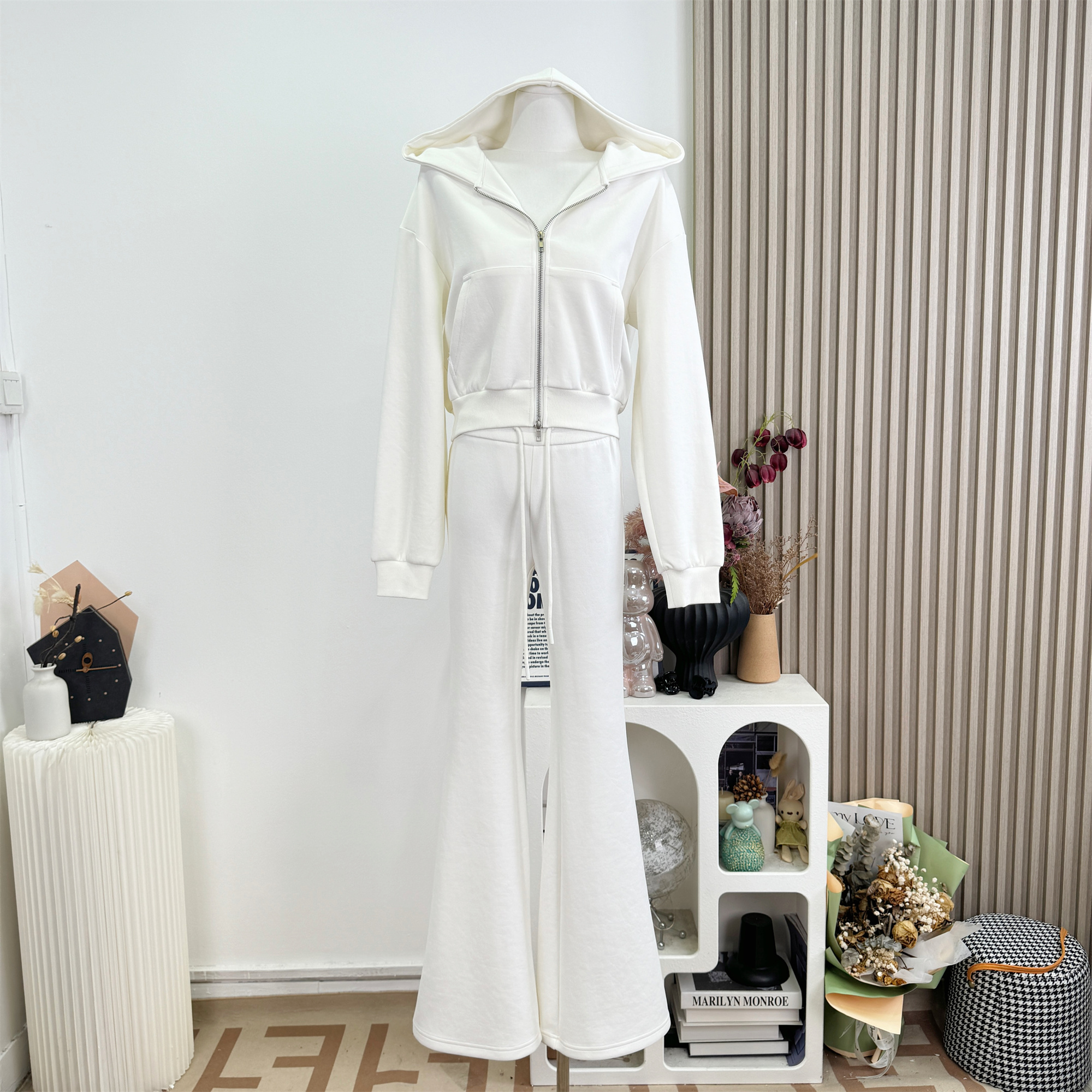 White Cropped Hooded Cardigan and High Waist Flared Pants Two Piece Set