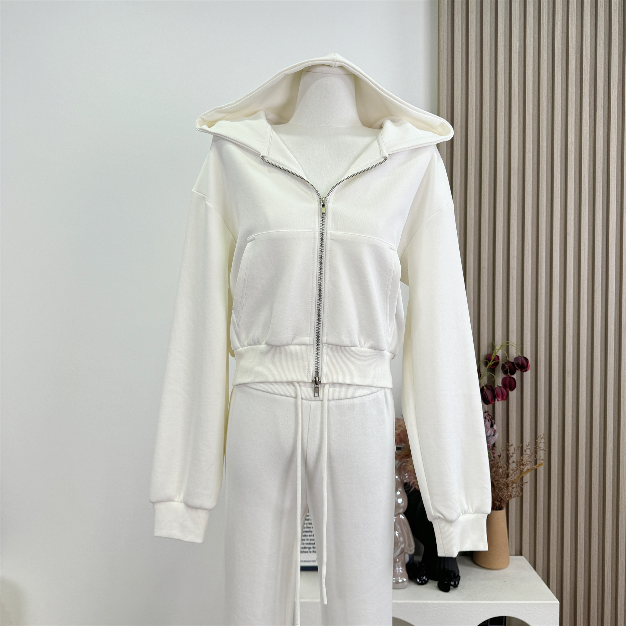 White Cropped Hooded Cardigan and High Waist Flared Pants Two Piece Set
