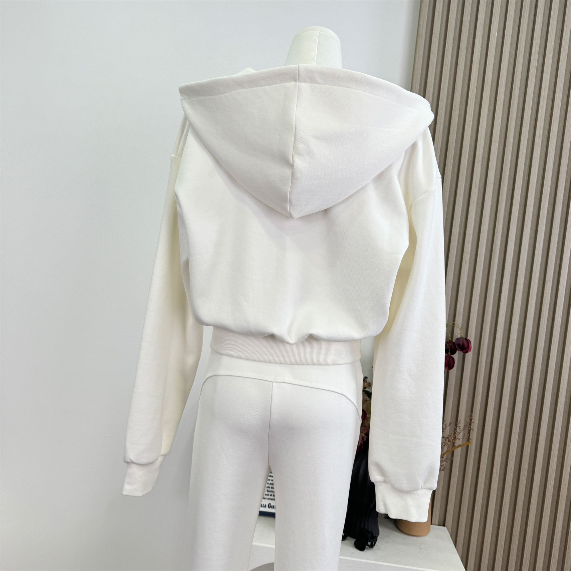 White Cropped Hooded Cardigan and High Waist Flared Pants Two Piece Set
