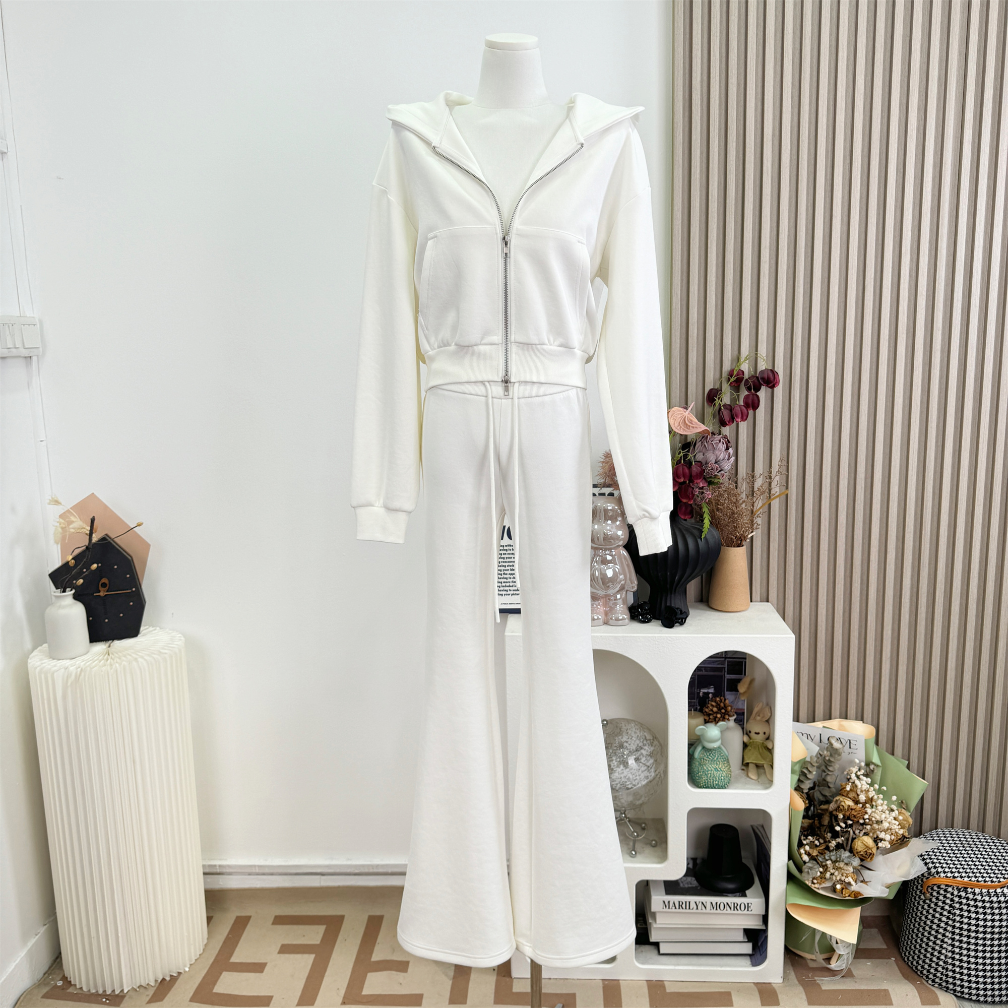 White Cropped Hooded Cardigan and High Waist Flared Pants Two Piece Set