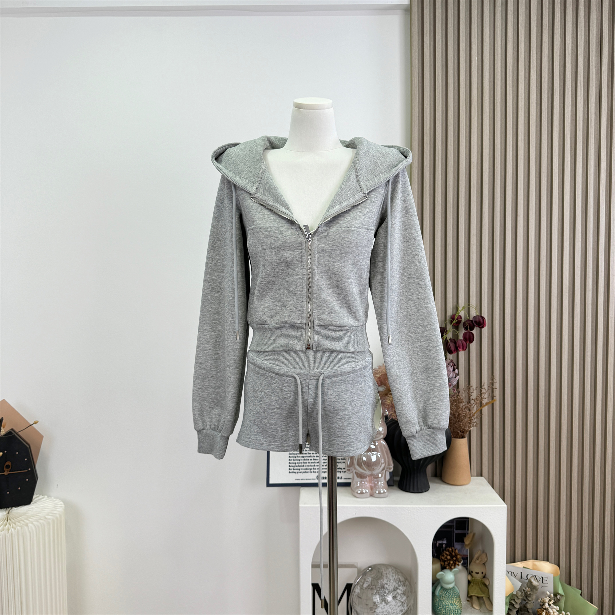 021ope Original Gray Cropped Hooded Long Sleeve Sweatshirt Casual Loose Air Layer Jacket Xinjiang Long Staple Cotton