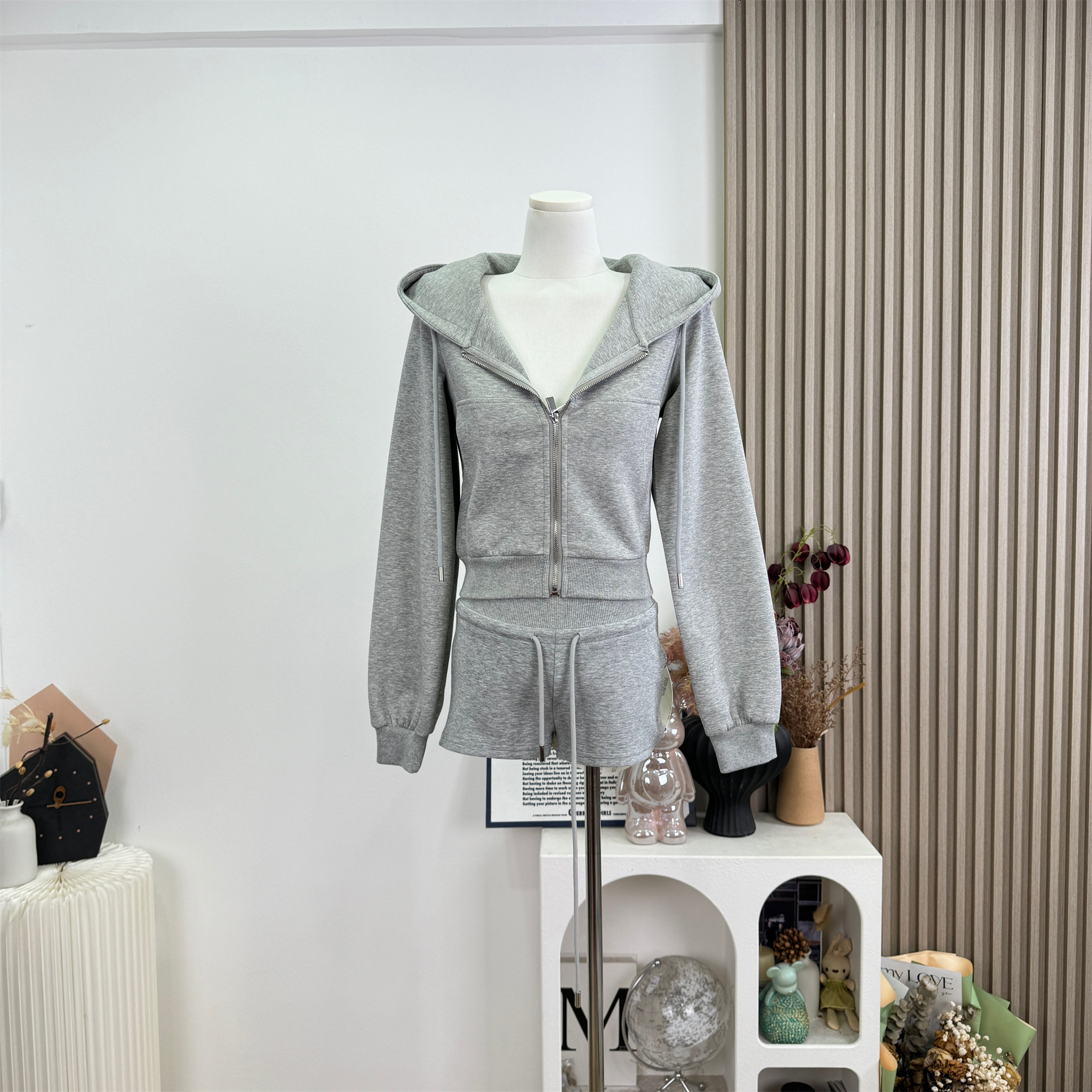 021ope Original Gray Cropped Hooded Long Sleeve Sweatshirt Casual Loose Air Layer Jacket Xinjiang Long Staple Cotton